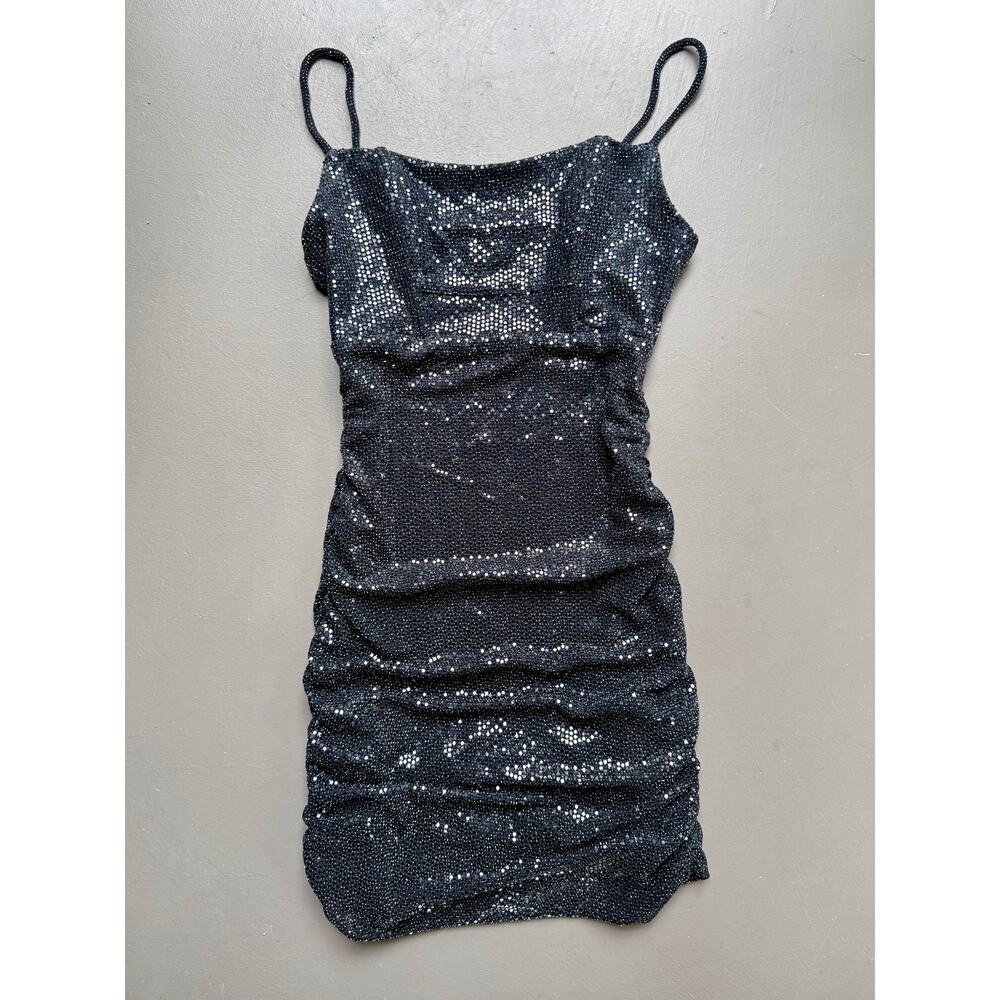 Urban Outfitters Black Glitter Ruched Bodycon Mini Dress Small Y2K Party Club